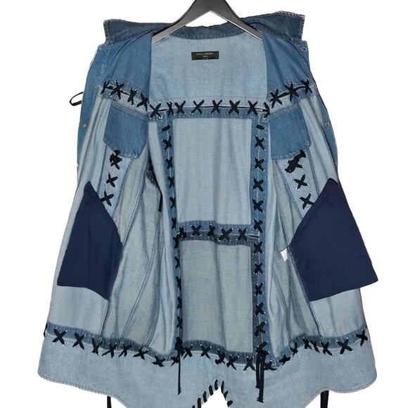 Dolce & Gabbana Blue Denim Patchwork Laced-up Shirt Jacket - Picture 6 of 13